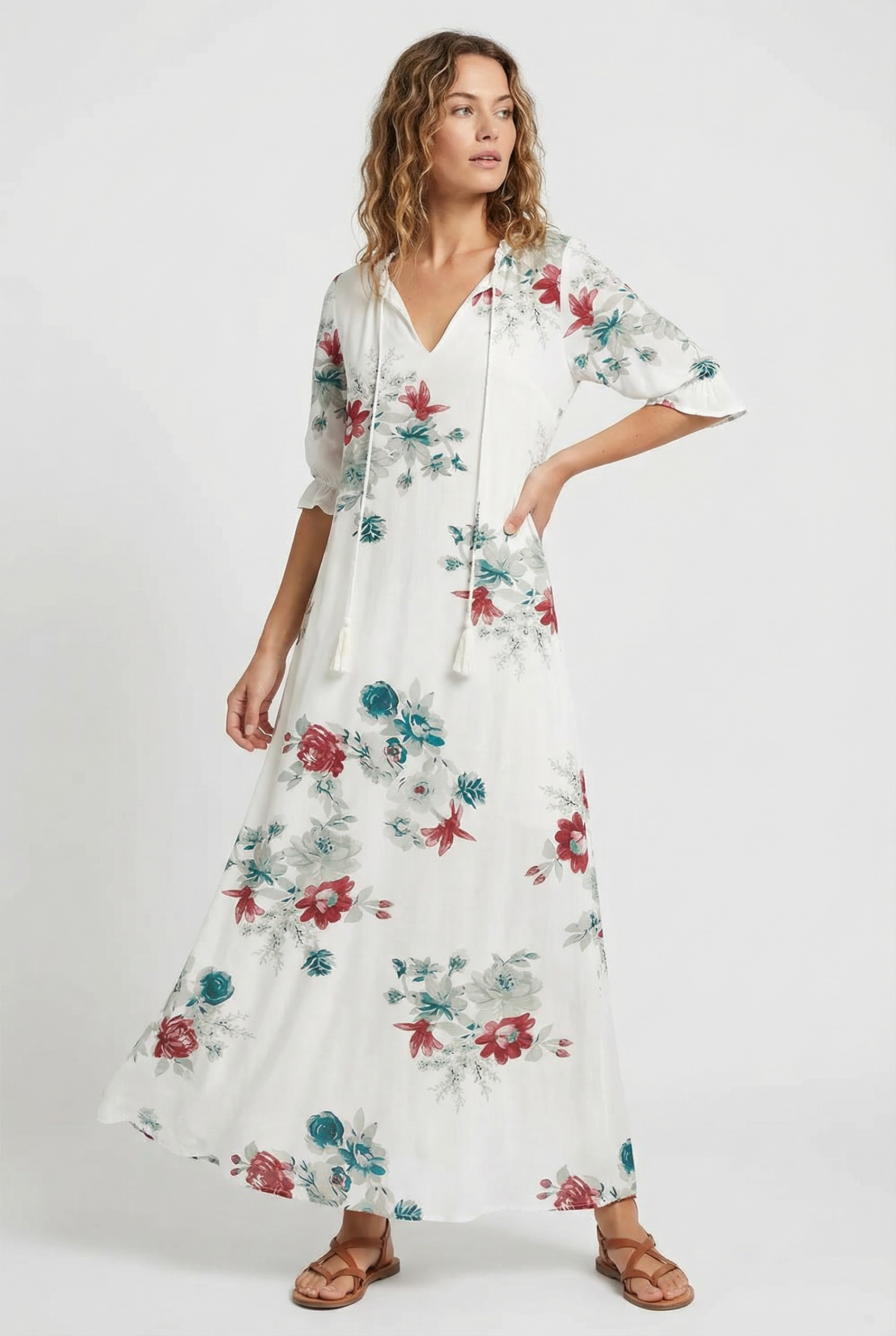 floral print v neck maxi dress Women's Floral Print V-neck Maxi Dress, White / S