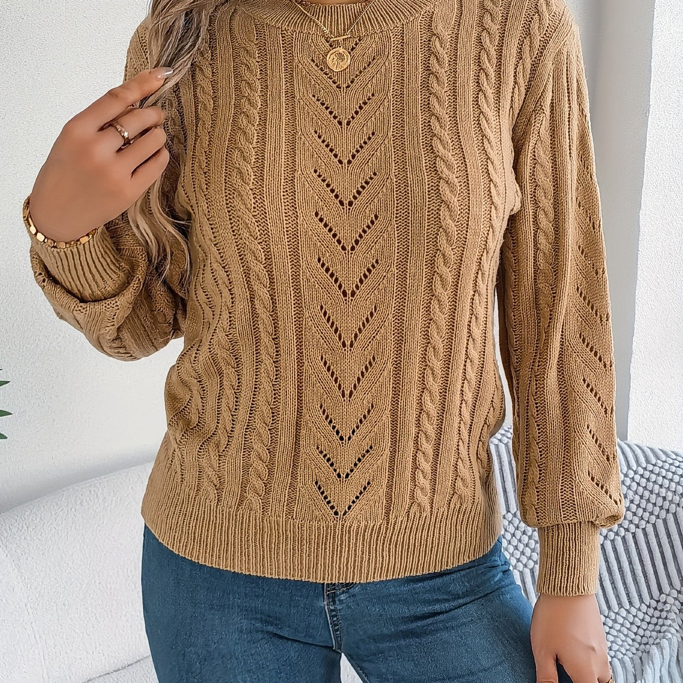 Khaki cable-knit textured sweater, front view