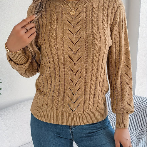 Khaki cable-knit textured sweater, front view