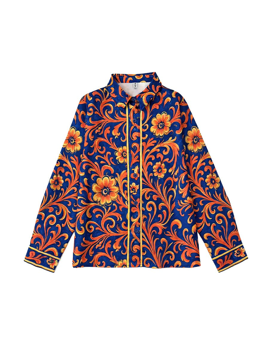 Blue Flower Print Lapel Blouse