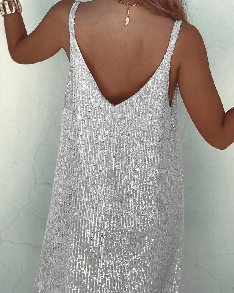 Silver sequin dress close-up detail view