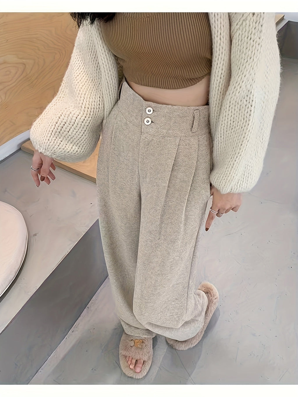 Khaki high-waisted wide-leg Pants