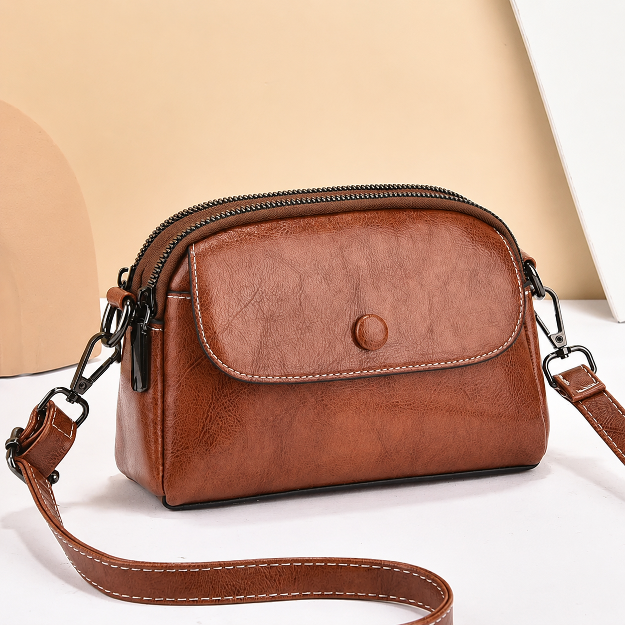 Brown Multi-Pocket Crossbody Bag, front view