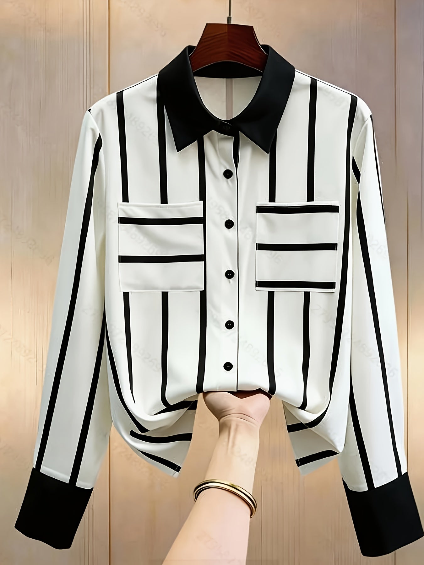 Mixed-Color Stripe Lapel Collar Blouse