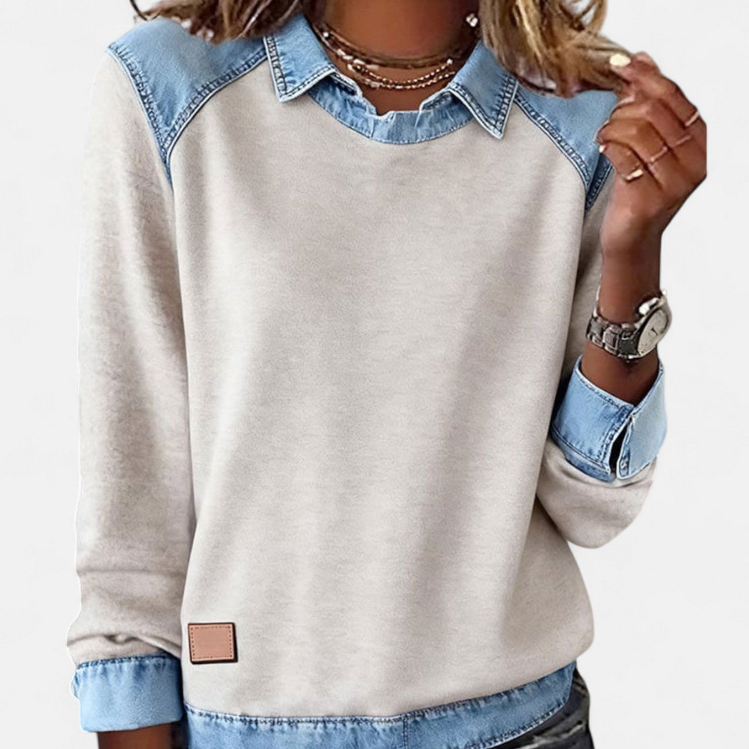 Beige denim-collar long-sleeve knit sweater with contrast denim collar and cuffs, front view
