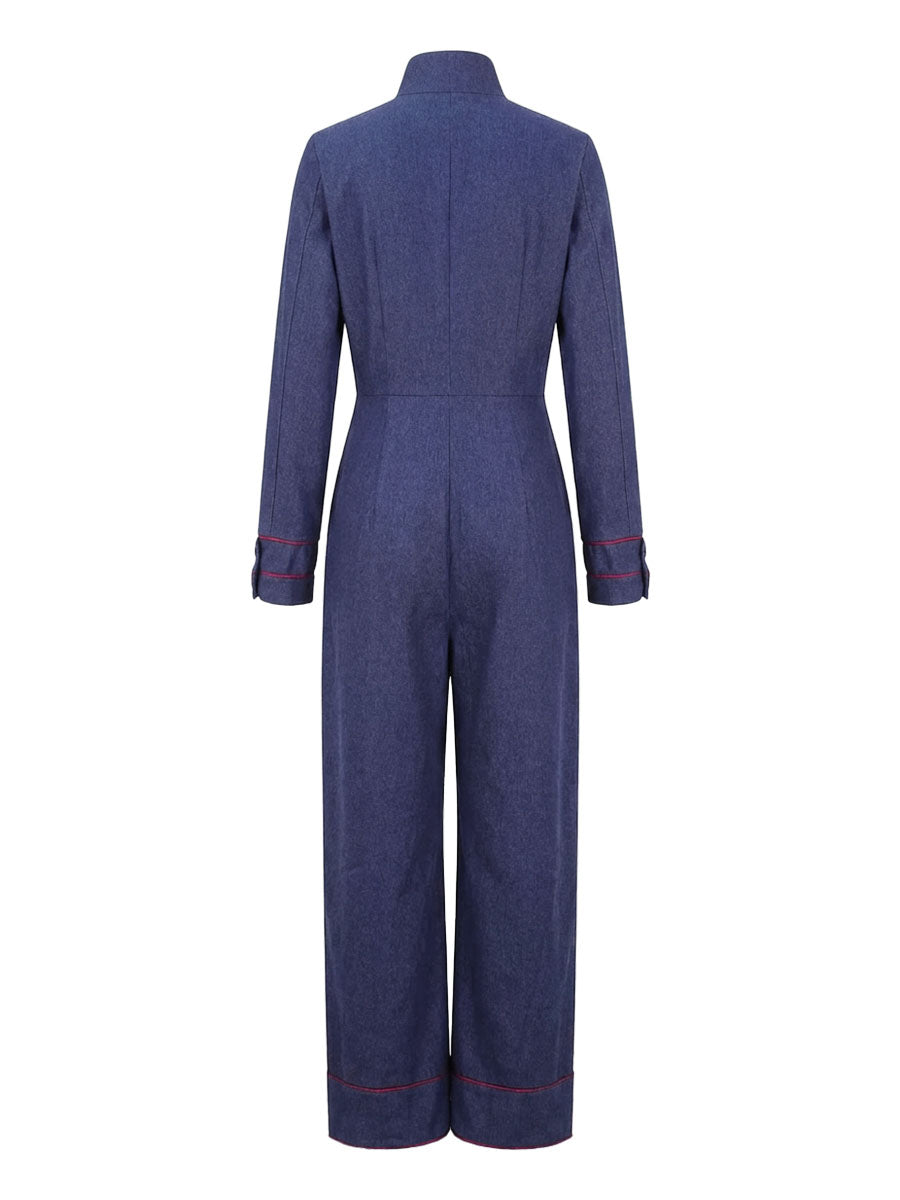 Denim Jumpsuit with Stand Collar