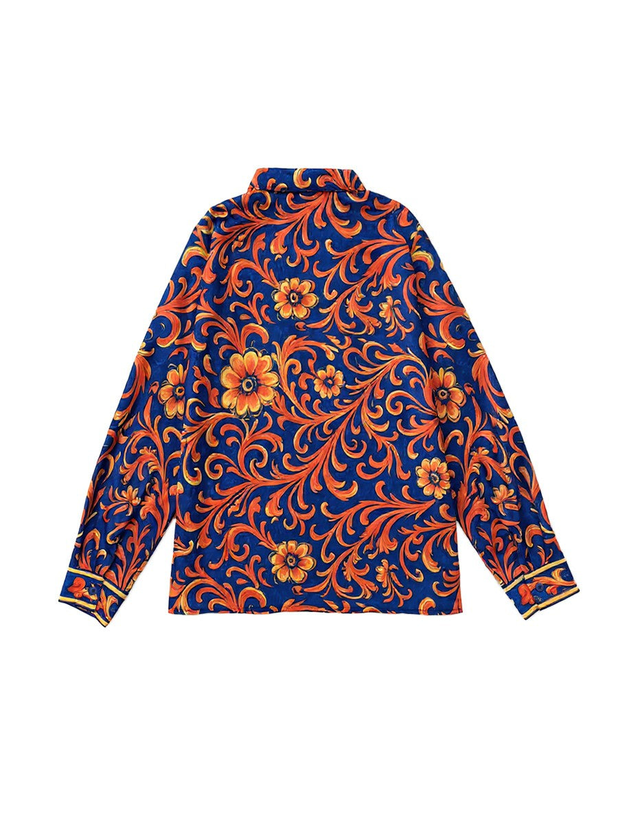 Blue Flower Print Lapel Blouse