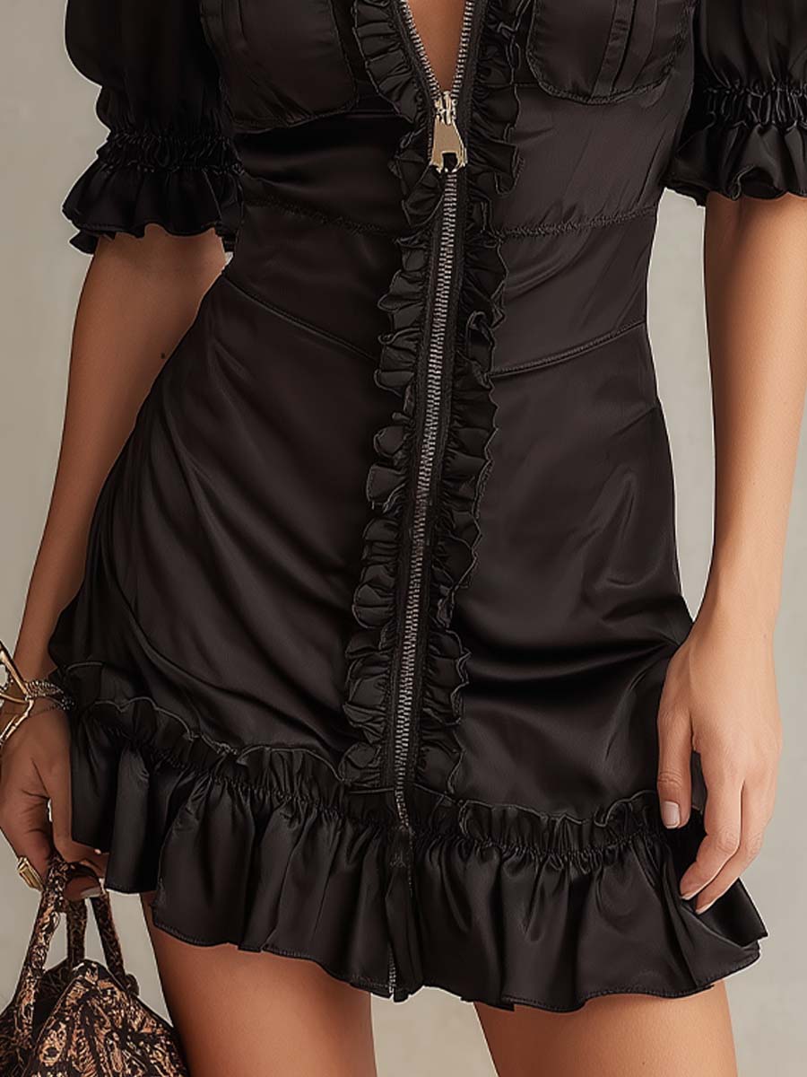 Black Ruffle-Trim Zip-Front Mini Dress