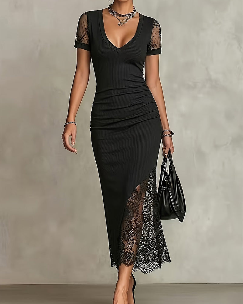 V-Neck Lace Patchwork Short Sleeve Midi Dress Black | Senselle