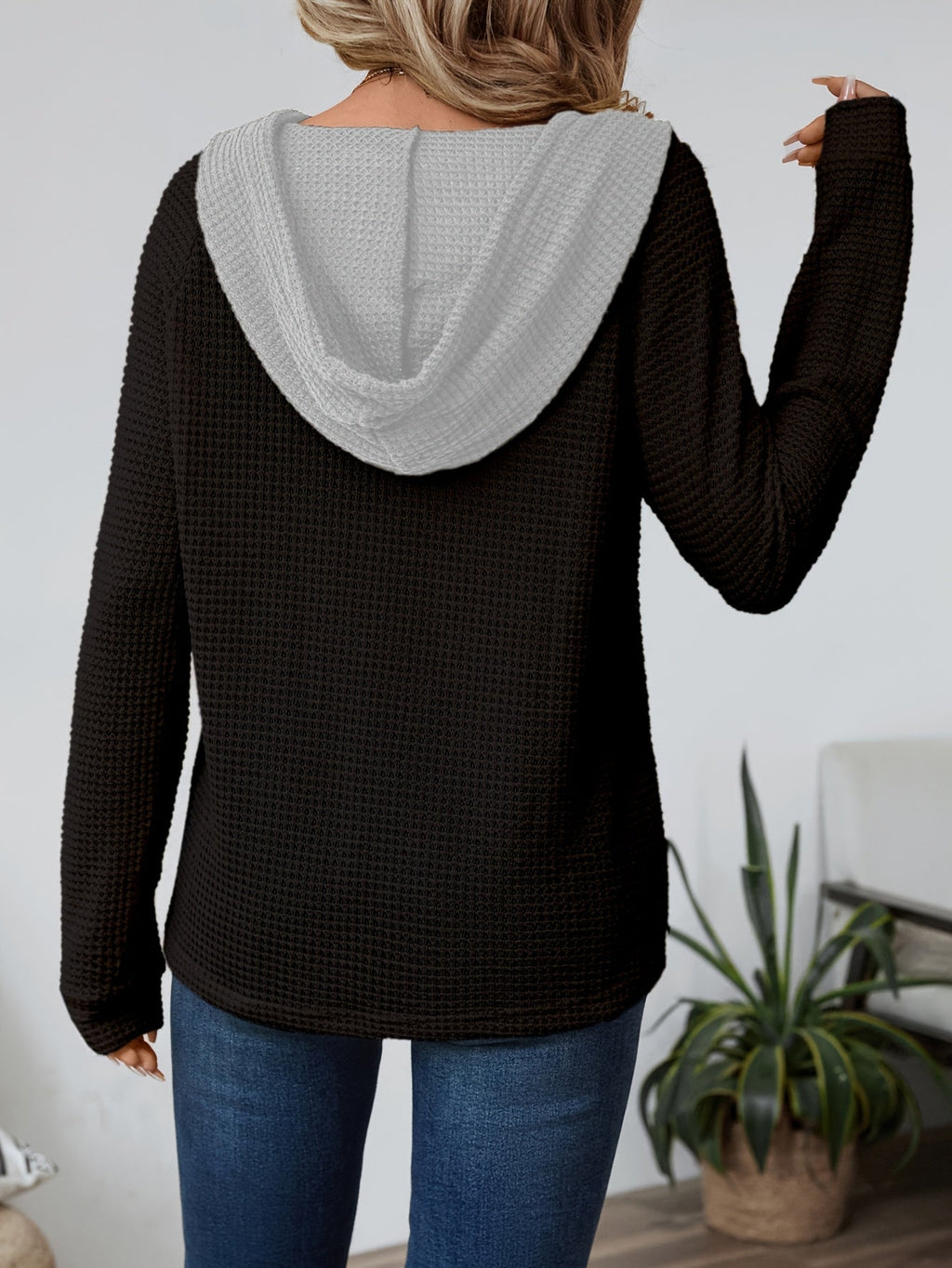 Beige relaxed waffle-texture hooded top