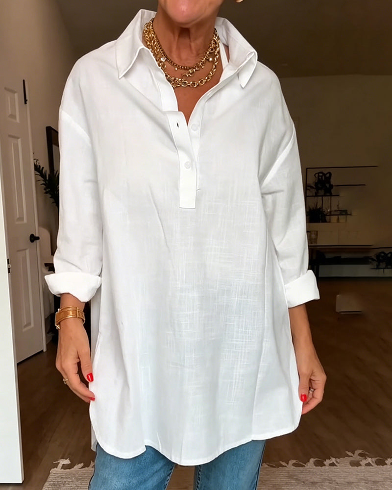White V-neck button solid color loose long sleeve blouse, front view