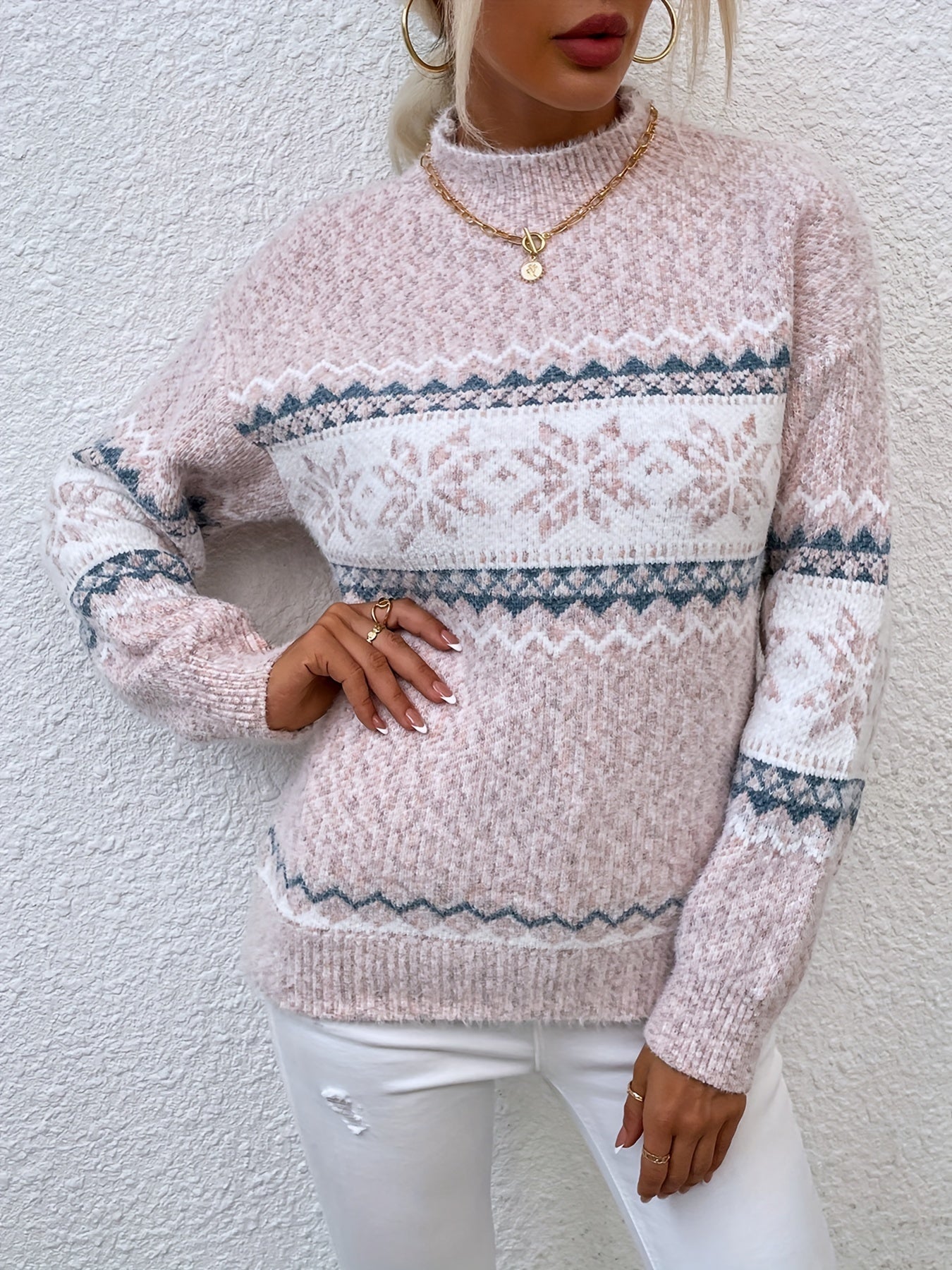 Gray cozy snowflake mock-neck sweater