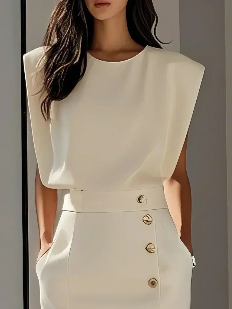 White Solid Midi Dress with Button Slit