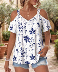 Strappy V-neck off-shoulder casual top in white, front view