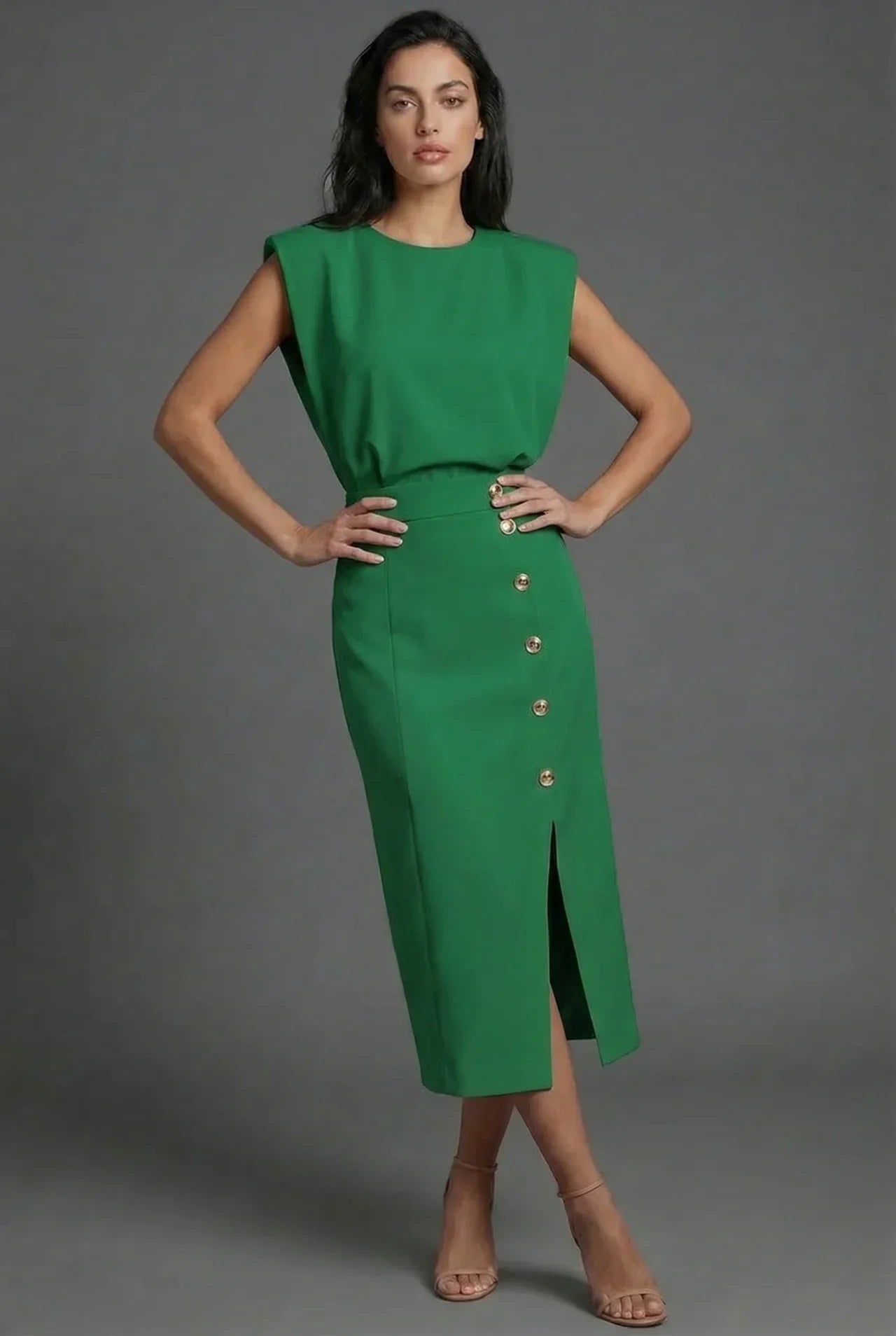Shift Work Sleeveless Button Detail Midi Dress