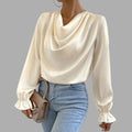 Apricot Cowl Neck Ruffled Cuff Satin Blouse, front view