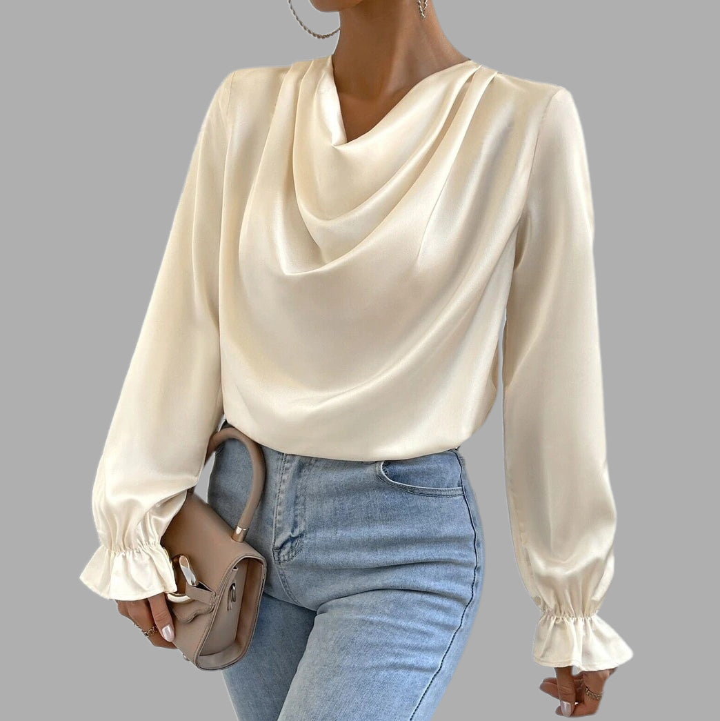 Apricot Cowl Neck Ruffled Cuff Satin Blouse, front view