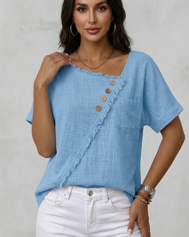 Button Front Bias Cut Blouse Blue | Senselle
