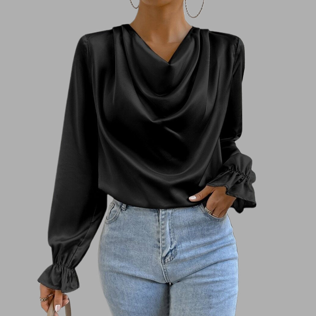 Apricot Cowl Neck Ruffled Cuff Satin Blouse