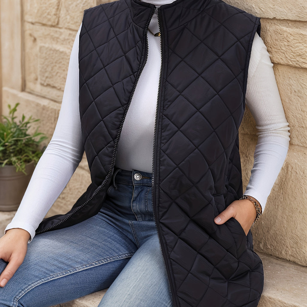 Black diamond-quilted longline vest, front view
