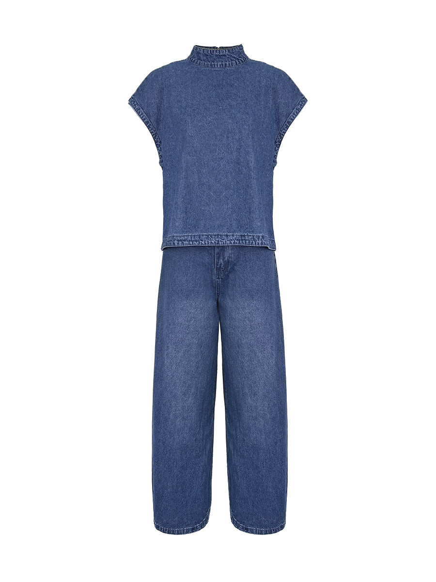 denim mock-neck vest top and wide-leg jeans co-ord set