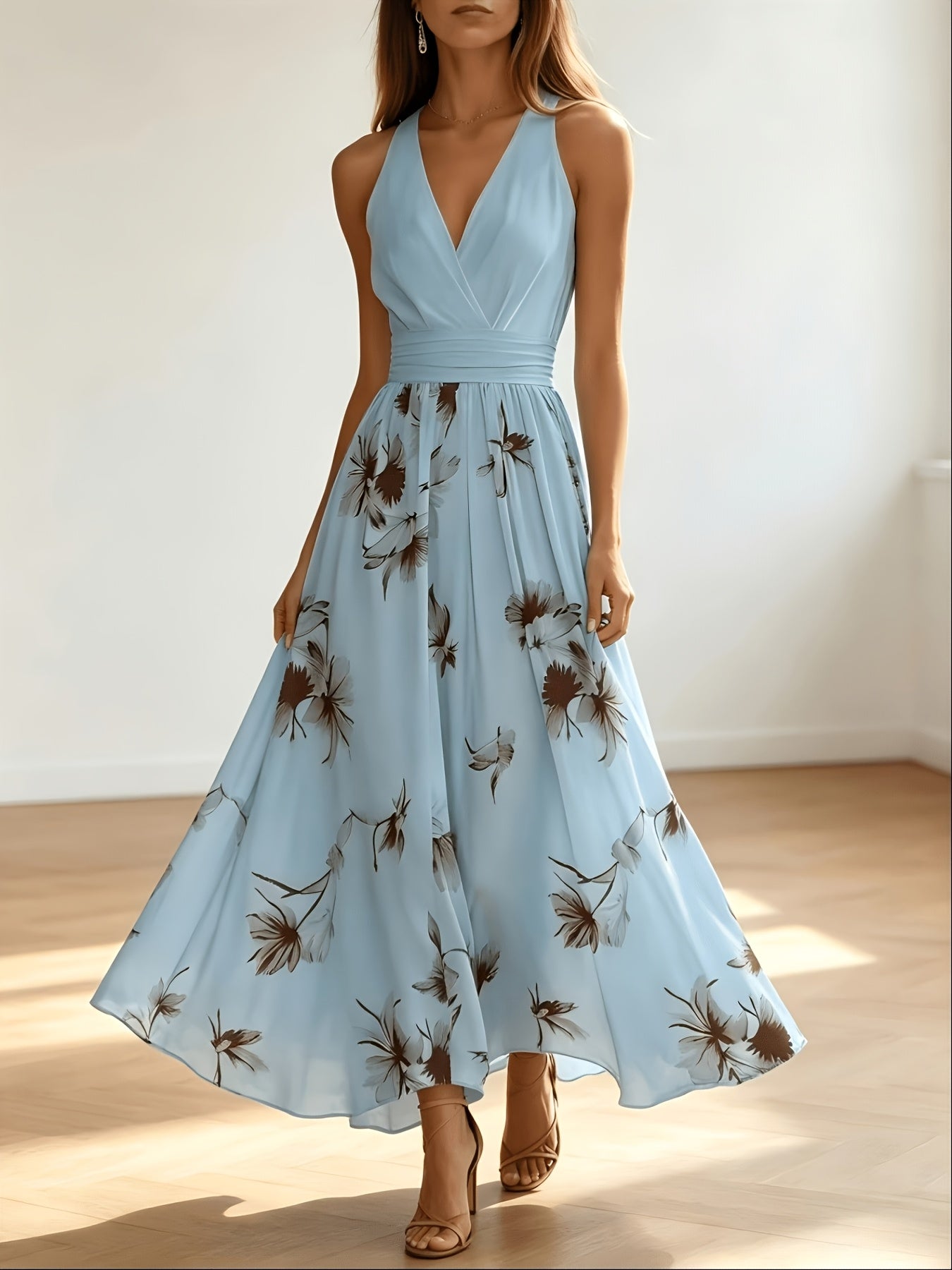 Red Shirred Geometric Print V-Neck Midi Dress
