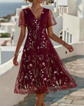 Sheer Floral V-Neck Midi Dress Full Skirt | Senselle