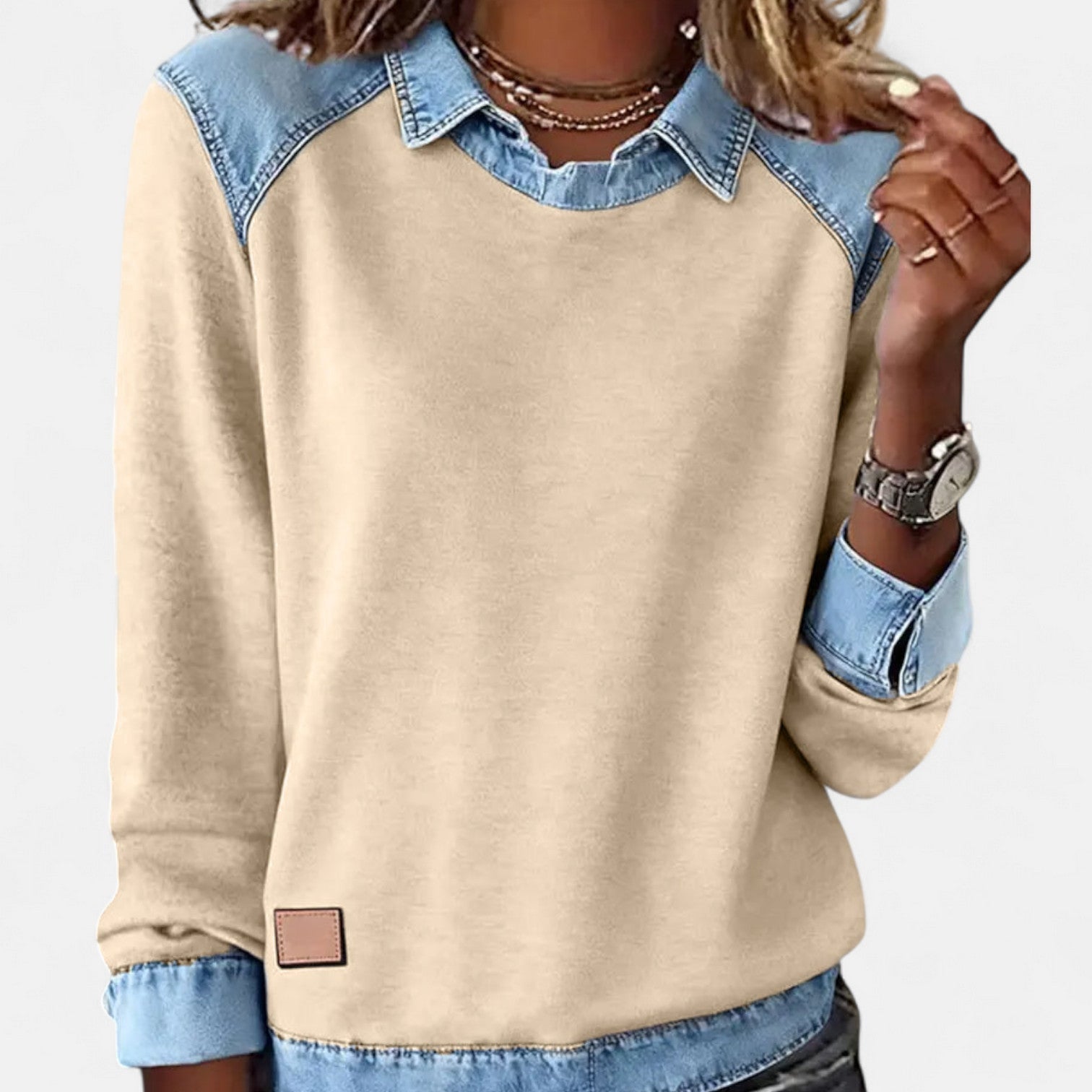 Khaki denim-collar long-sleeve knit sweater with contrast denim collar and cuffs