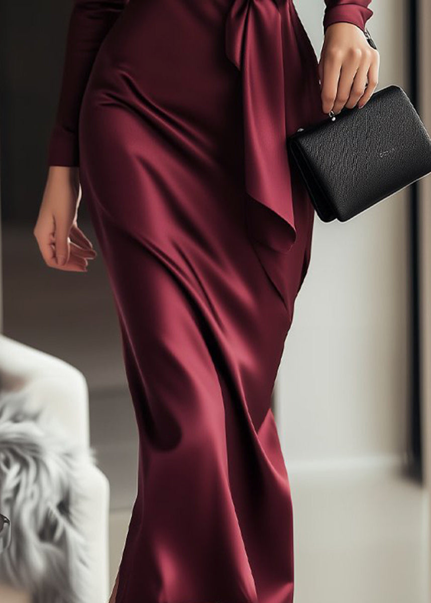 Long Sleeve Satin Wrap Dress Waist Tie
