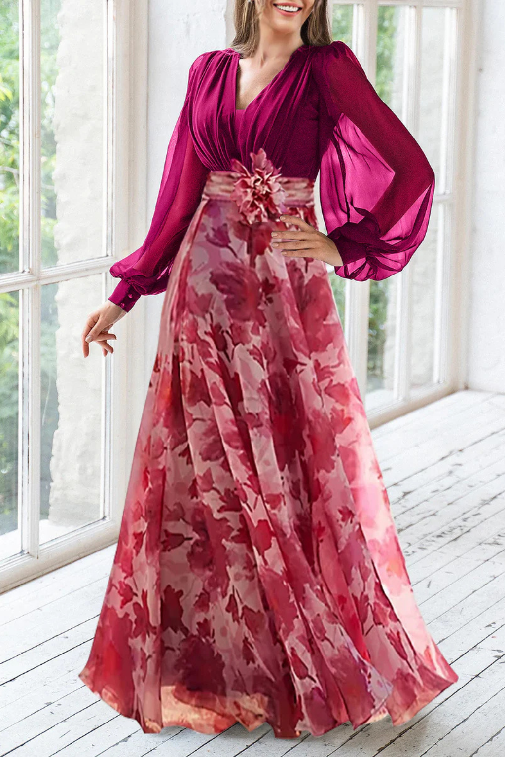 Floral Balloon Sleeve Wedding Guest Maxi Dress