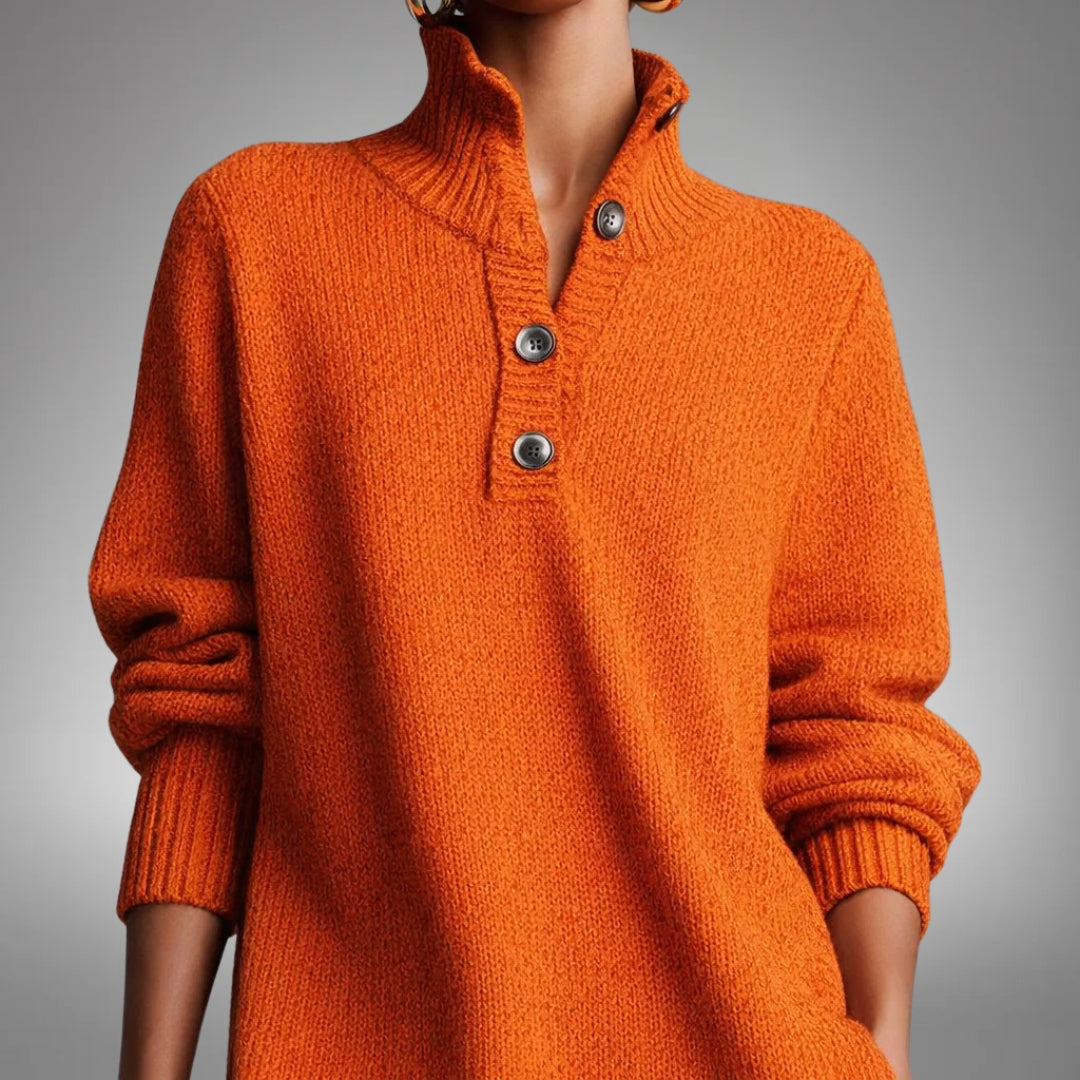 Orange High-Neck Button Collar Midi Dress
