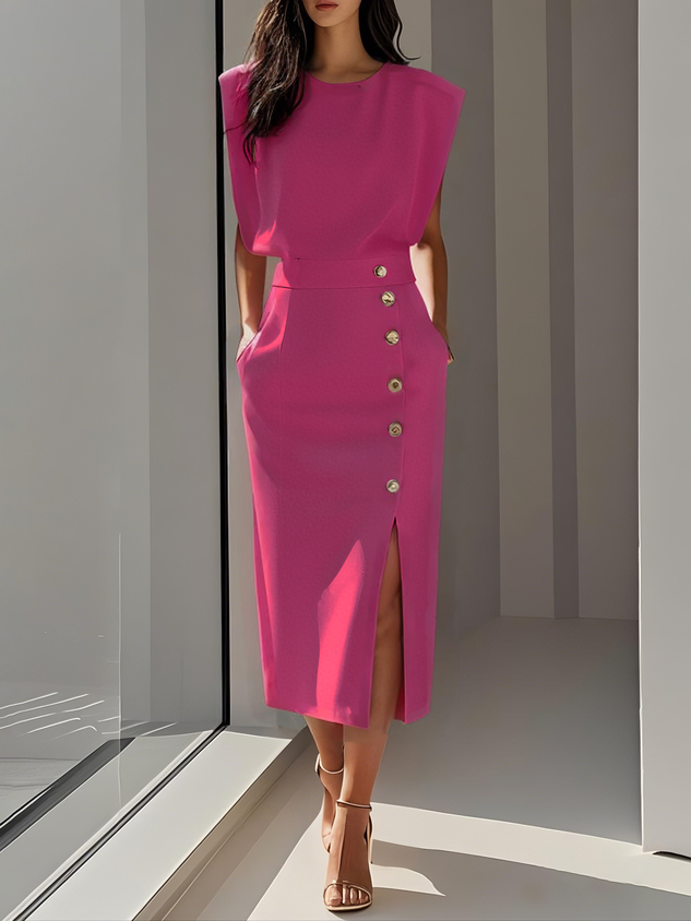 White Solid Midi Dress with Button Slit