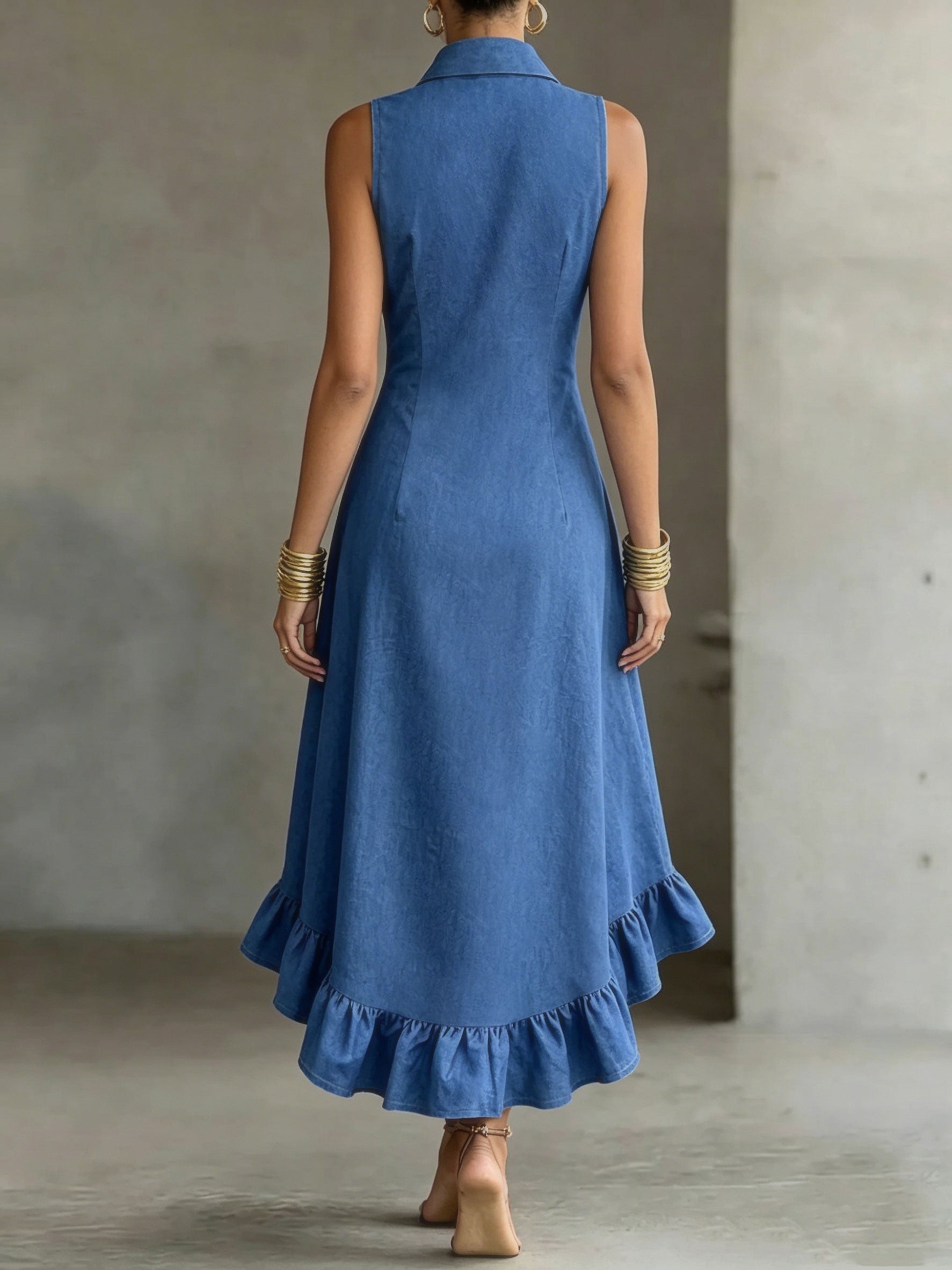 Blue Button-Front Denim Dress