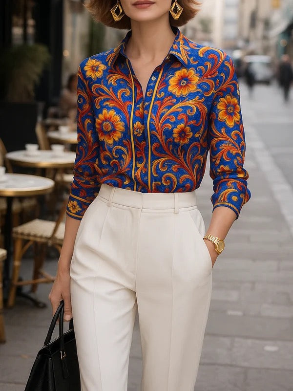 Blue Flower Print Lapel Blouse