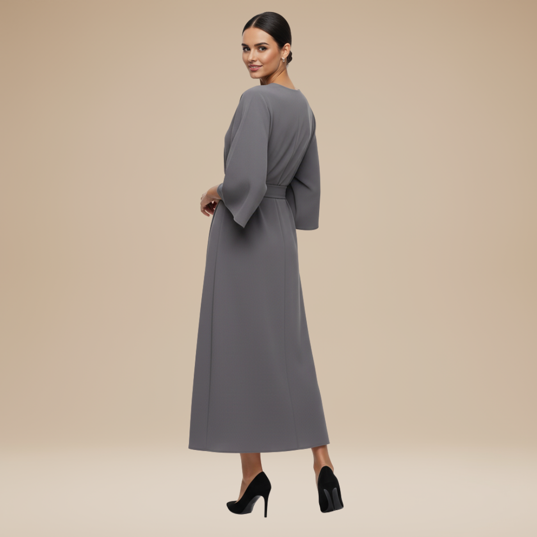 Belted Midi Dress with Wide Sleeves and Draped Waist