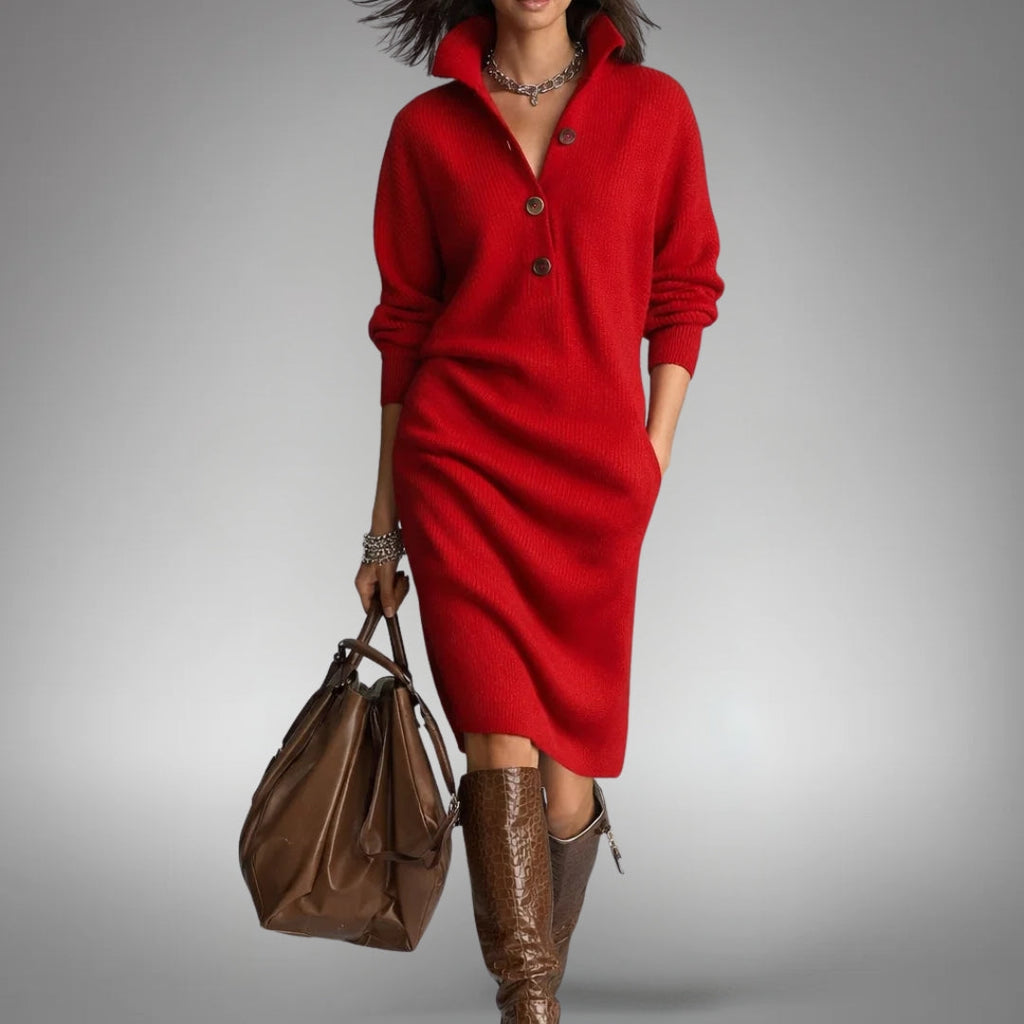 Orange High-Neck Button Collar Midi Dress