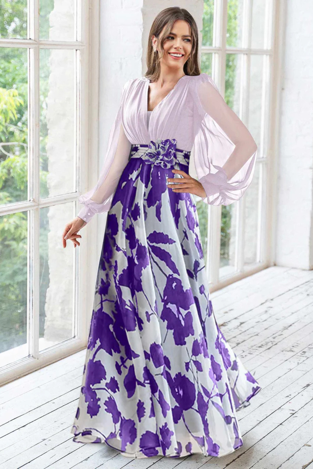 Floral Balloon Sleeve Wedding Guest Maxi Dress