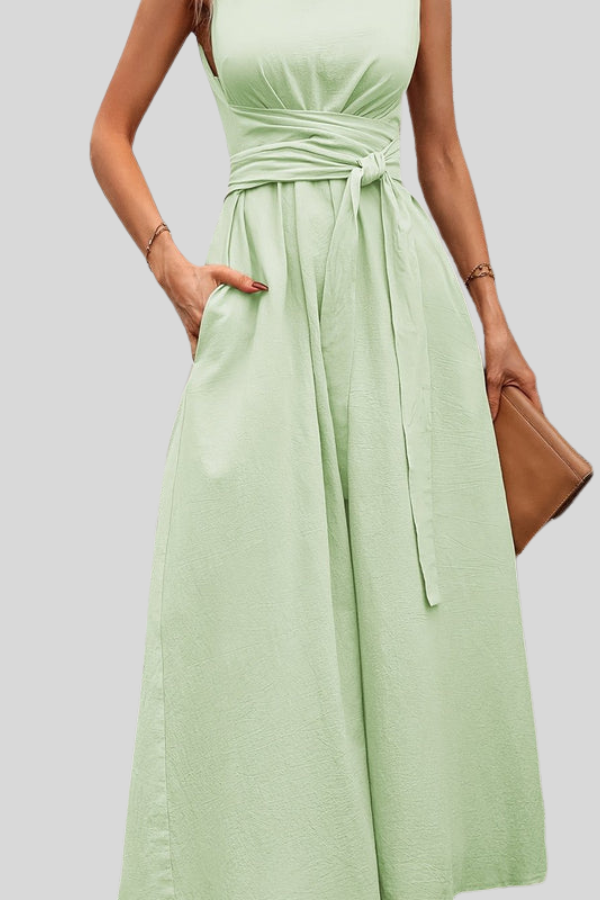 Casual Pleated Square-Neck Midi Dress