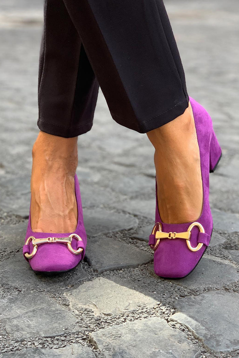 Purple Square Toe Block Heel Sandals