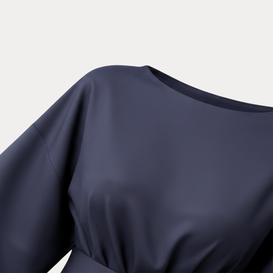 Belted Midi Dress with Wide Sleeves and Draped Waist