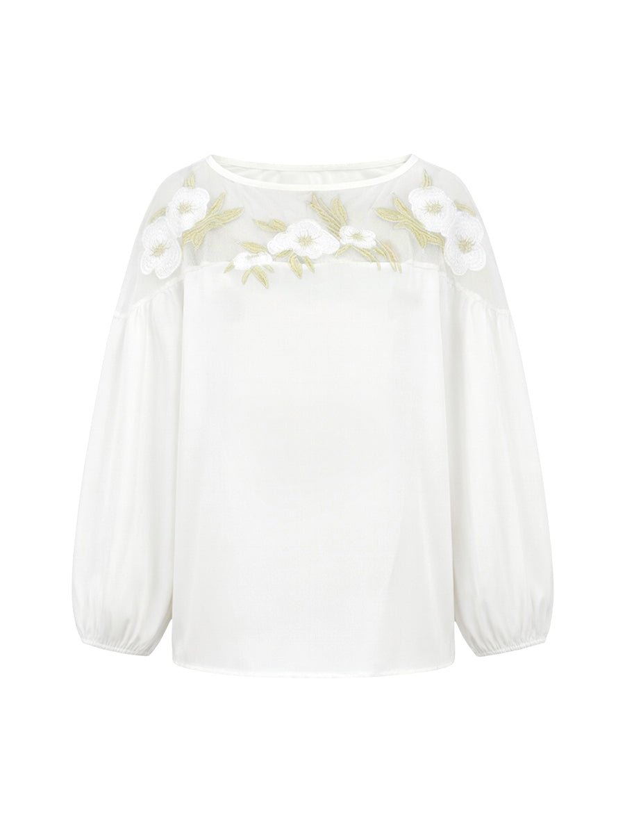 White floral applique mesh puff sleeve blouse, flat lay front