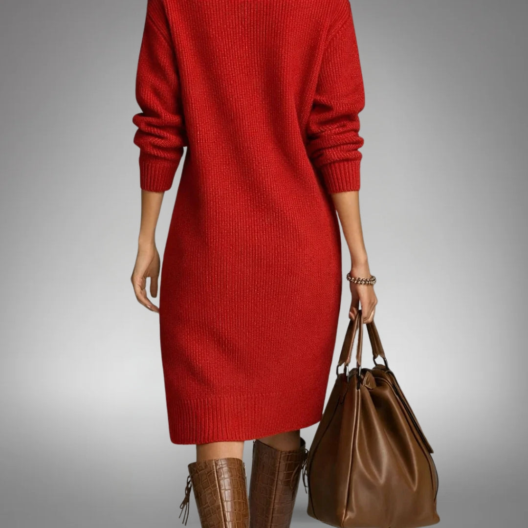 Orange High-Neck Button Collar Midi Dress