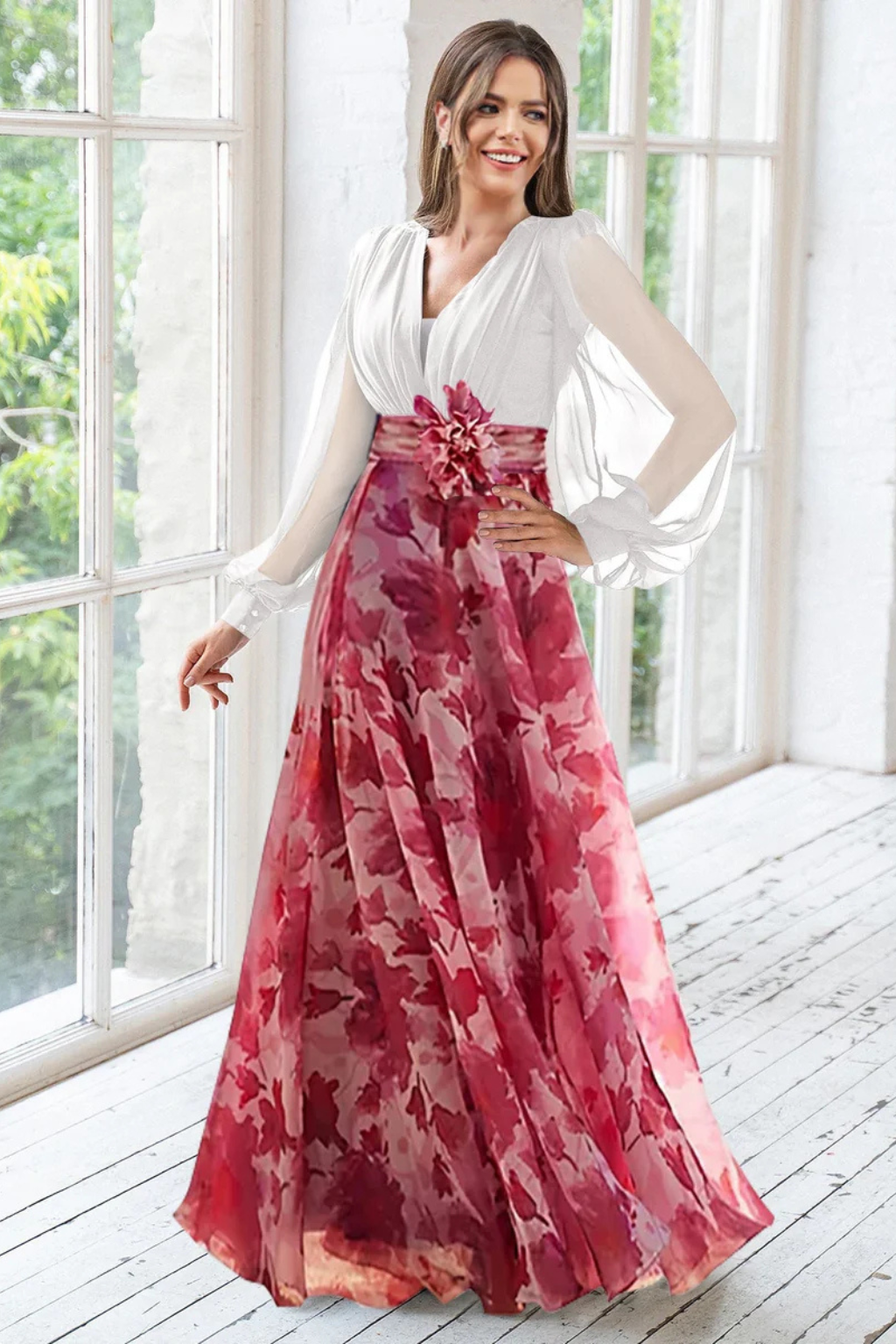 Floral Balloon Sleeve Wedding Guest Maxi Dress