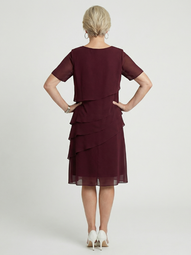 Classic Tiered Chiffon Midi Dress with Short Sleeves