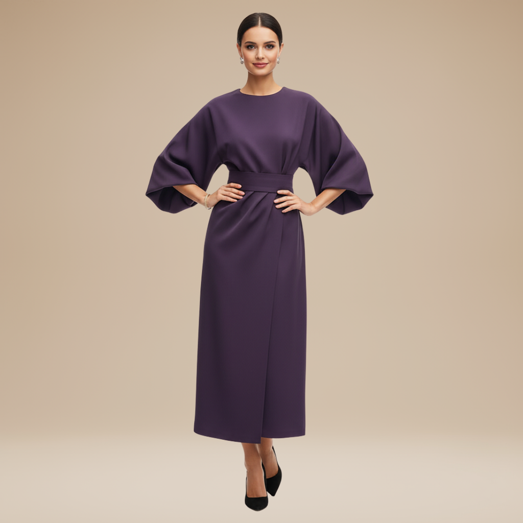 Belted Midi Dress with Wide Sleeves and Draped Waist