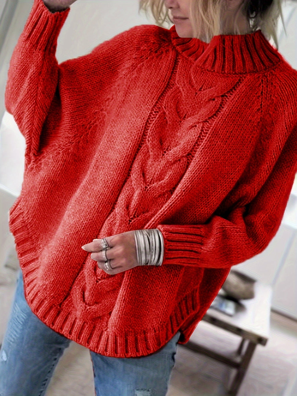 Dark Gray cable-knit high-neck sweater
