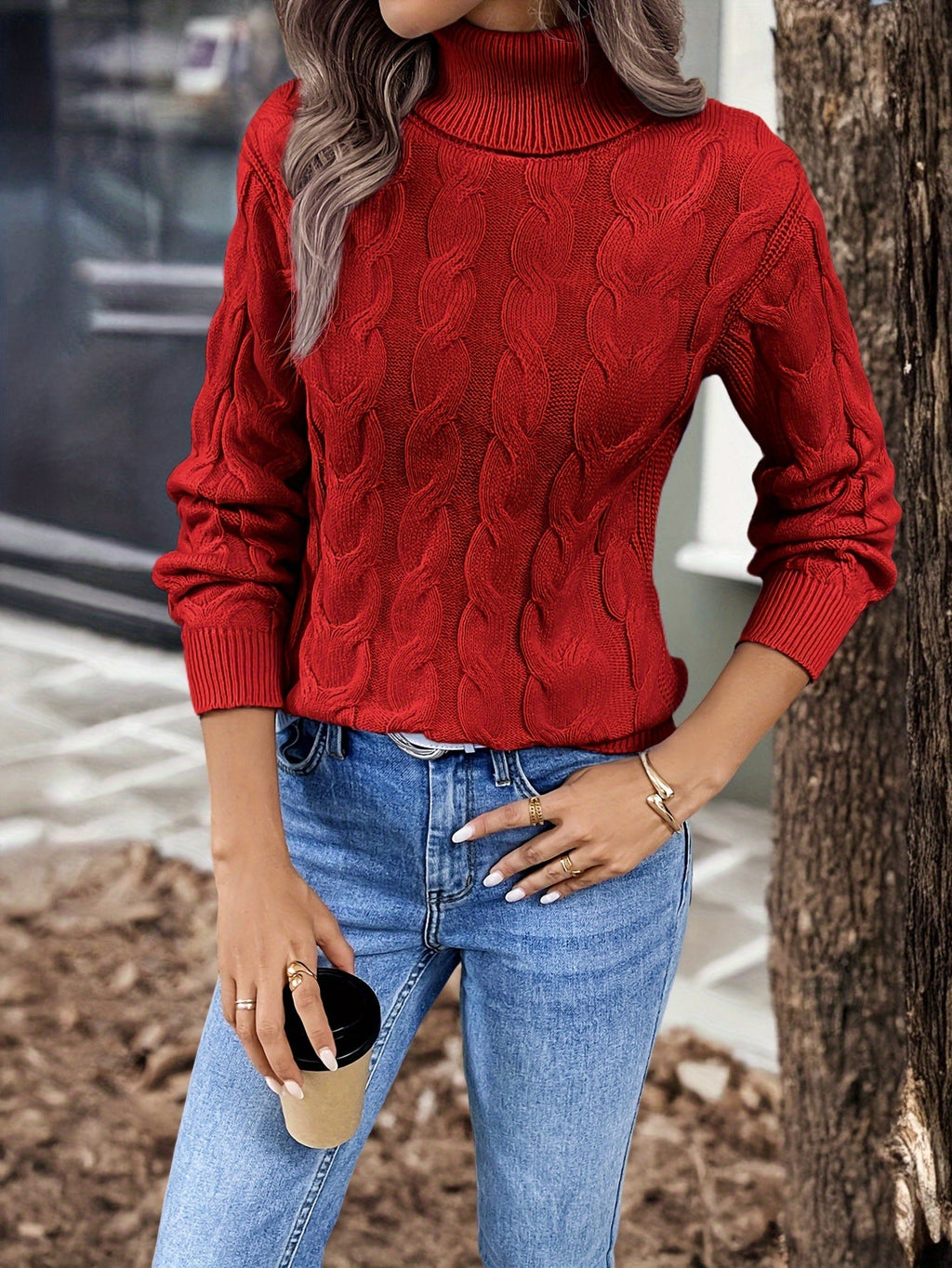 Red cozy cable-knit turtleneck sweater