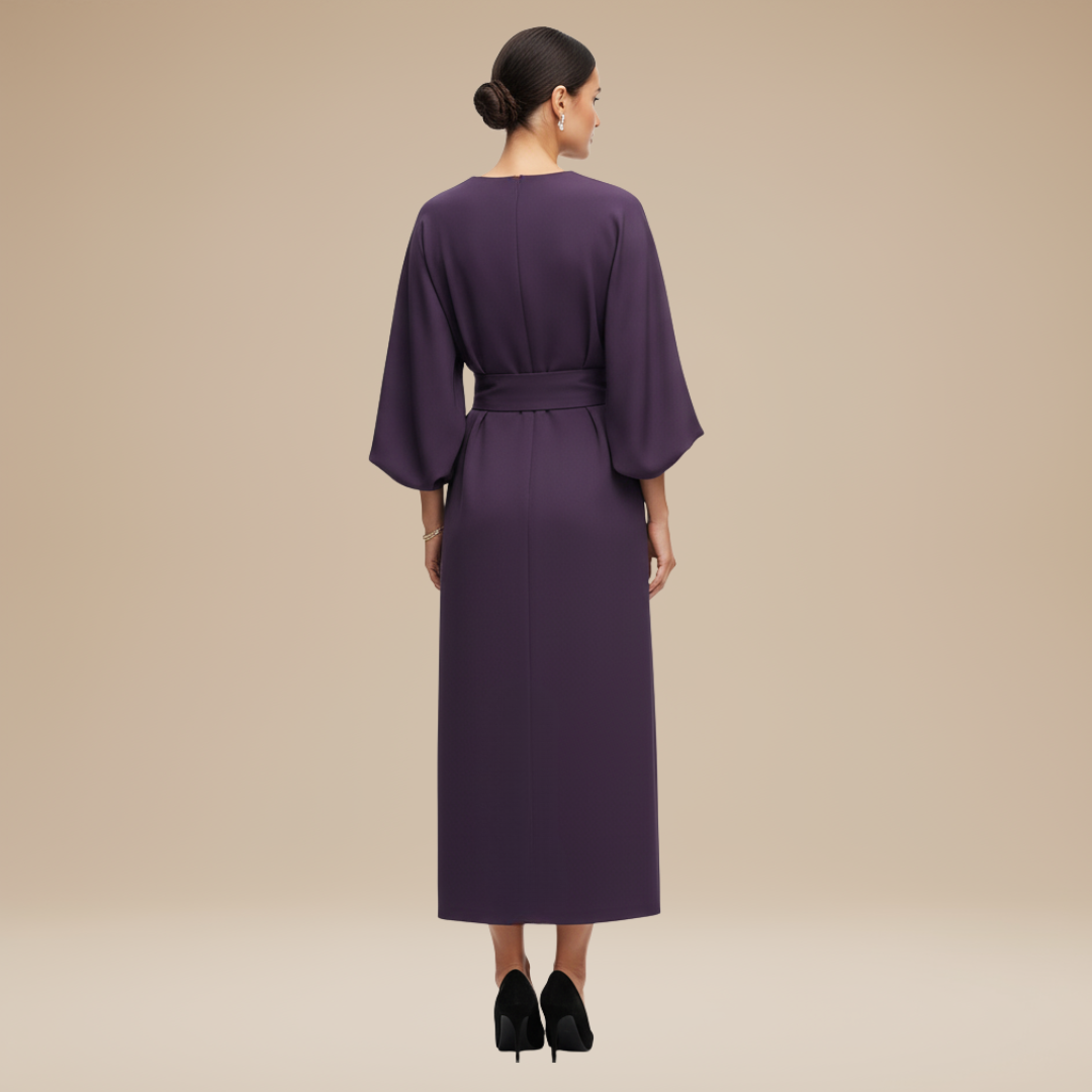 Belted Midi Dress with Wide Sleeves and Draped Waist