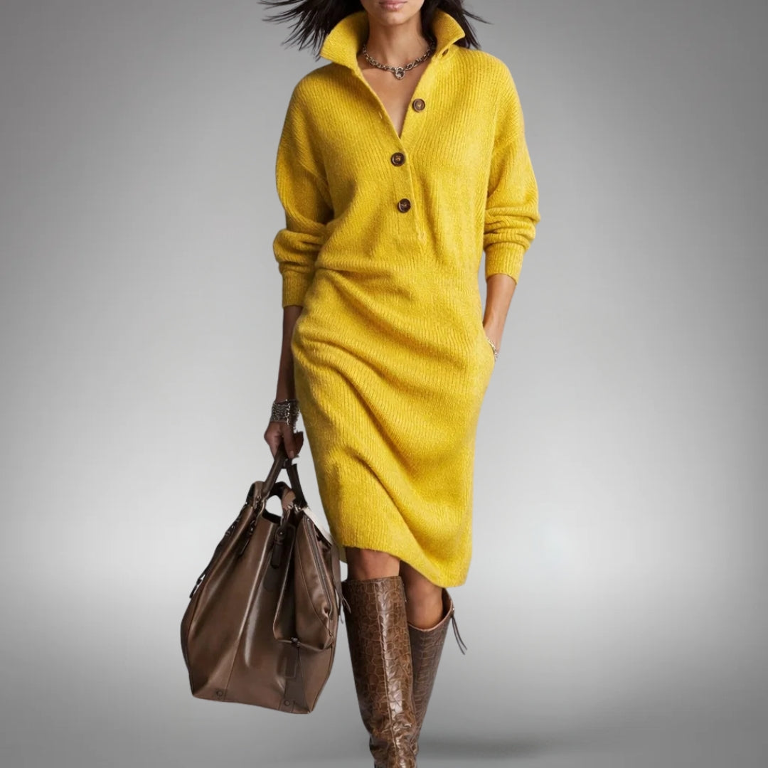 Orange High-Neck Button Collar Midi Dress