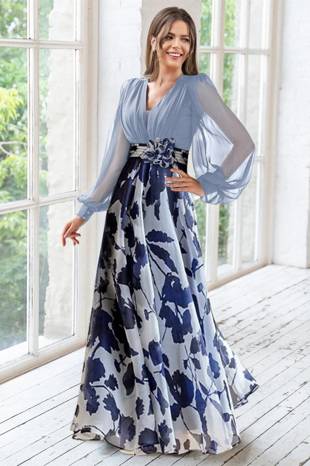 Floral Balloon Sleeve Wedding Guest Maxi Dress